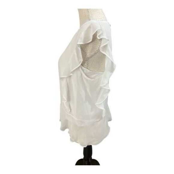 Liz Claiborne Women Silky White Ruffle Sheer Lined Blouse Size M Short Sleeve - Picture 4 of 11